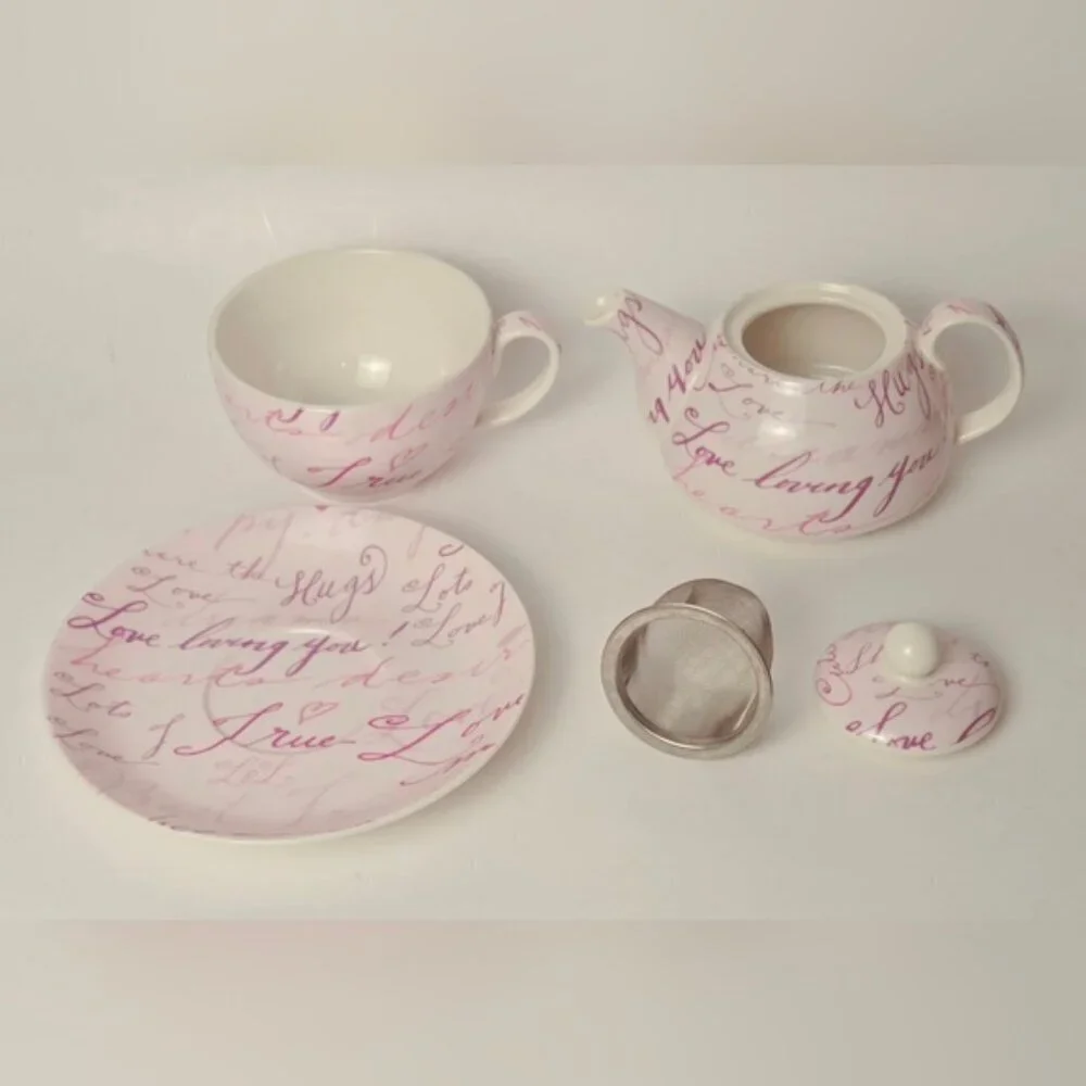 Tea For One Teapot Cup Saucer Set Pink Script Romantic Gift Set